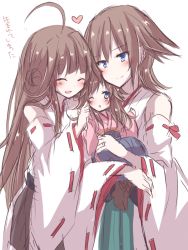 Rule 34 | 10s, 3girls, ^ ^, ahoge, bad id, bad pixiv id, bare shoulders, blue eyes, blush, brown hair, closed eyes, hiei (kancolle), if they mated, kantai collection, kongou (kancolle), long hair, mother and daughter, multiple girls, no headwear, nontraditional miko, one eye closed, open mouth, sakura romu, short hair, sketch, skirt, smile, translation request, wide sleeves