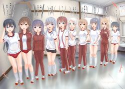 6+girls arare_(kancolle) arashio_(kancolle) asagumo_(kancolle) asashio_(kancolle) bespectacled bike_shorts black_hair blue_eyes blush breasts brown_eyes brown_hair buruma door double_bun full_body glasses grey_hair gym_shirt gym_storeroom gym_uniform hair_bun hair_ribbon indoors jacket kantai_collection kasumi_(kancolle) long_hair long_sleeves looking_at_viewer michishio_(kancolle) minegumo_(kancolle) multiple_girls natsugumo_(kancolle) naviyu_elin ooshio_(kancolle) open_mouth pants red_buruma ribbon salute shirt short_hair short_sleeves smile socks track_jacket twintails white_hair white_shirt white_socks yamagumo_(kancolle)