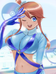 Rule 34 | 1girl, ;d, arm behind back, arm up, belt, blue belt, blue eyes, blue gloves, blue jacket, blue shorts, blush, breasts, brown hair, commentary request, cowboy shot, creatures (company), crop top, cropped jacket, elbow gloves, eyebrows, eyelashes, game freak, gloves, gym leader, hadairo rainbow, hair between eyes, hair ornament, highres, jacket, large breasts, long sleeves, looking at viewer, midriff, navel, nintendo, one eye closed, one side up, open mouth, poke ball symbol, pokemon, pokemon bw, short hair with long locks, short shorts, shorts, sidelocks, skyla (pokemon), smile, solo, sparkle, standing, swept bangs, teeth, upper teeth only, zipper