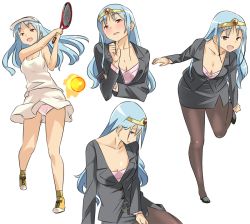 Rule 34 | alternate costume, blue hair, blush, breasts, circlet, cleavage, dragon quest, dragon quest iii, formal, imaichi, long hair, multiple views, open mouth, panties, pantyhose, pencil skirt, red eyes, sage (dq3), skirt, skirt suit, smile, suit, underwear