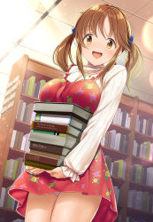 Rule 34 | 1girl, :d, blush, book, book stack, bookshelf, breast rest, breasts, brown eyes, brown hair, carrying, commentary request, cowboy shot, dress, english text, frilled sleeves, frills, highres, idolmaster, idolmaster cinderella girls, large breasts, library, long hair, long sleeves, looking at viewer, mk (mod0), open mouth, panties, pantyshot, red dress, sidelocks, smile, solo, standing, sweater, tareme, teeth, totoki airi, twintails, underwear, upper teeth only, upside-down, white panties, white sweater
