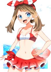 Rule 34 | 1girl, :d, bad id, bad pixiv id, ball, beachball, bikini, bikini skirt, blue eyes, breasts, brown hair, cleavage, collarbone, cowboy shot, creatures (company), game freak, highres, holding, holding ball, long hair, looking at viewer, may (pokemon), miniskirt, navel, nintendo, open mouth, pokemon, pokemon oras, red bikini, red skirt, simple background, skirt, small breasts, smile, solo, standing, swept bangs, swimsuit, twintails, white background, yuihico