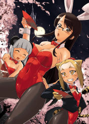 Rule 34 | 3girls, alcohol, animal ears, animal hands, bad id, bad pixiv id, bare shoulders, black eyes, black hair, blonde hair, bottle, bowl, breasts, cherry blossoms, closed eyes, cup, dutch angle, fake animal ears, full moon, grey hair, highres, hyoukori hyoutai, kittysuit, large breasts, leotard, long hair, medium breasts, moon, multiple girls, nontraditional playboy bunny, original, panther ears, panther paws, pantyhose, playboy bunny, rabbit ears, red leotard, sakazuki, sake, short hair, strapless, strapless leotard, tail, tailcoat, takatsu keita, tiger ears, tiger paws, tiger tail, whiskers, yellow eyes