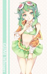 Rule 34 | 1girl, :o, ascot, bare shoulders, belt, breasts, character name, finger to mouth, goggles, goggles on head, green eyes, green hair, green skirt, gumi, head tilt, headphones, index finger raised, jacket, legs together, lips, looking at viewer, matching hair/eyes, gumi (v3 megpoid), midriff, navel, nou (nounknown), off shoulder, open clothes, open jacket, orange jacket, parted lips, short hair with long locks, shushing, sidelocks, skirt, sleeves past elbows, small breasts, solo, standing, stomach, thigh gap, tsurime, underboob, vocaloid