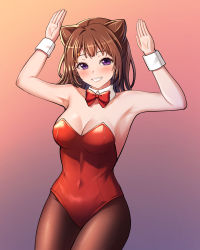 Rule 34 | 1girl, armpits, arms up, bang dream!, bare shoulders, blush, bow, bowtie, breasts, brown hair, brown pantyhose, cleavage, collarbone, commentary, cone hair bun, covered navel, cowboy shot, detached collar, double bun, gradient background, grin, hair bun, hair ornament, highres, leotard, looking at viewer, medium breasts, medium hair, nontraditional playboy bunny, open hand, orange background, pantyhose, ptal, purple background, purple eyes, rabbit pose, red bow, red bowtie, red leotard, smile, solo, standing, star (symbol), star hair ornament, strapless, strapless leotard, toyama kasumi, wrist cuffs