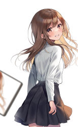 Rule 34 | 1girl, black skirt, blouse, blush, brown eyes, brown hair, cellphone, collared shirt, commentary request, from behind, grin, long hair, looking at viewer, looking back, midorikawa you, original, phone, pleated skirt, shirt, simple background, skirt, smile, solo, white background, white shirt