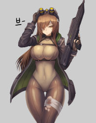 Rule 34 | 1girl, alternate hair length, alternate hairstyle, assault rifle, asymmetrical bangs, bandage on face, bandage over one eye, bandaged leg, bandages, bodysuit, breast strap, breasts, brown bodysuit, brown eyes, brown hair, brownie (last origin), cleavage, fingerless gloves, gloves, goggles, goggles on head, gun, hair over one eye, highres, jacket, large breasts, last origin, leotard, long hair, looking at viewer, pantyhose, poorgom, rifle, simple background, solo, thigh gap, torn bodysuit, torn clothes, weapon, white background, wide hips, yellow leotard
