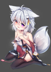 Rule 34 | 1girl, aged down, ahoge, animal ears, bare shoulders, bell, black thighhighs, blush, breasts, breath, choker, collarbone, controller, dress, fang, female focus, fox ears, fox girl, fox tail, full body, grey background, grey hair, hair between eyes, hair intakes, hair ornament, heart, heart-shaped pupils, heterochromia, highres, indie virtual youtuber, jingle bell, long sleeves, looking at viewer, official art, open mouth, oversized clothes, purple eyes, pussy juice, red choker, red eyes, remote control, remote control vibrator, sex toy, shiny skin, short hair, side slit, sidelocks, simple background, sitting, skin fang, sleeves past fingers, sleeves past wrists, small breasts, solo, symbol-shaped pupils, tail, thighhighs, umou (may65879), vibrator, vibrator under clothes, wariza, white dress, wide sleeves, ye qing (vtuber)