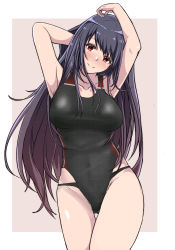 Rule 34 | 1girl, aga marino, alternate costume, armpits, arms up, bare shoulders, black hair, blush, breasts, closed mouth, competition swimsuit, covered navel, fusou (kancolle), gradient background, hair between eyes, hair ornament, kantai collection, large breasts, long hair, looking at viewer, one-piece swimsuit, red eyes, smile, solo, swimsuit, thighs, white background