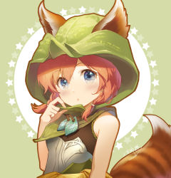 Rule 34 | 1girl, animal ears, armor, bare shoulders, blue eyes, blush, breastplate, brown hair, character request, closed mouth, commentary request, dota (series), dota 2, ears through headwear, green background, hair between eyes, hood, hood up, jokanhiyou, long hair, looking at viewer, signature, solo, star (symbol), starry background, striped tail, tail, two-tone background, upper body, white background