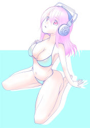 Rule 34 | 1girl, bikini, blush, breasts, gachiling, guitar, headphones, instrument, large breasts, long hair, looking at viewer, navel, nitroplus, open mouth, pink eyes, pink hair, solo, super sonico, swimsuit, white bikini