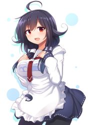 Rule 34 | apron, black pantyhose, blue sailor collar, blue skirt, bubble background, cowboy shot, hair between eyes, hair flaps, highres, kantai collection, long hair, long sleeves, looking at viewer, low twintails, magatama, neckerchief, open mouth, pantyhose, purple hair, red eyes, sailor collar, school uniform, serafuku, skirt, smile, snow (gi66gotyo), solo, taigei (kancolle), twintails, whale, white background