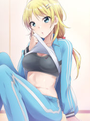 Rule 34 | 1girl, :o, black bra, blonde hair, blue eyes, blue jacket, blush, bra, breasts, clothes lift, collarbone, female focus, hachimiya meguru, hair ornament, hairclip, highres, idolmaster, idolmaster shiny colors, jacket, kaiga, knees up, large breasts, lifting own clothes, long hair, looking at viewer, low twintails, navel, nike (company), open clothes, open jacket, open mouth, shirt, shirt lift, sitting, solo, sports bra, sweat, track suit, twintails, underwear, white shirt, wiping sweat