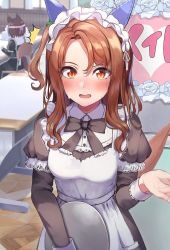 Rule 34 | 2girls, ^^^, animal ears, apron, black bow, black dress, blush, bow, bowtie, breasts, brown hair, chair, commentary request, desk, dress, flower, frilled hairband, frills, hairband, highres, holding, holding tray, horse ears, horse girl, horse tail, indoors, juliet sleeves, king halo (umamusume), long sleeves, looking at viewer, maid apron, medium breasts, multiple girls, one side up, open mouth, orange eyes, outstretched arm, plate, puffy sleeves, rose, school desk, shaka (staito0515), sitting, solo focus, special week (umamusume), standing, stiff tail, sweat, table, tail, tray, umamusume, white flower, white rose, window