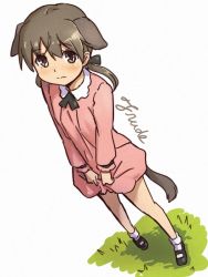 Rule 34 | 1girl, aged down, animal ears, bad id, bad pixiv id, brown eyes, brown hair, character name, gertrud barkhorn, jankey4649, shibasaki shouji, simple background, solo, strike witches, tail, world witches series