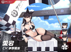 Rule 34 | 1girl, animal ears, atago (azur lane), azur lane, bikini, black bikini, black hair, breasts, brown thighhighs, checkered flag, cleavage, copyright name, english text, expressions, finger to mouth, flag, hair ribbon, highleg, highleg bikini, kishiyo, large breasts, long hair, long sleeves, looking at viewer, lying, mole, mole under eye, navel, official alternate costume, official art, on side, race queen, red eyes, ribbon, shoes, shrug (clothing), skindentation, smile, solo, stomach, swimsuit, thighhighs, thighs, tire, white footwear, wing collar, wrist cuffs