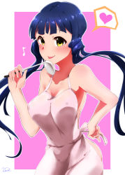 Rule 34 | absurdres, apron, armpits, bad id, bad pixiv id, blue hair, blush, collarbone, covered erect nipples, highres, idolmaster, idolmaster million live!, idolmaster million live! theater days, kitakami reika, ladle, long hair, low twintails, moment (moment 607), naked apron, neck, off shoulder, pink background, simple background, twintails, white apron, white background