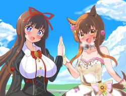 Rule 34 | .live, 2girls, absurdres, animal ears, blush, breasts, brown hair, collarbone, commentary request, dress, heavy breathing, highres, holding hands, horse ears, horse tail, kakyouin chieri, large breasts, looking at viewer, mayano top gun (sunlight bouquet) (umamusume), mayano top gun (umamusume), multiple girls, open mouth, orange hair, rikuton, sweat, tail, umamusume, virtual youtuber, wedding dress