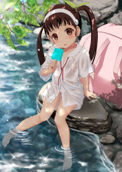 Rule 34 | 1girl, absurdres, backpack, bag, bakemonogatari, barefoot, blush, brown hair, collarbone, collared shirt, commentary request, day, dress shirt, food, gibun (sozoshu), green ribbon, hachikuji mayoi, hair ribbon, hairband, head tilt, highres, holding, holding food, long hair, looking at viewer, monogatari (series), neck ribbon, no bra, outdoors, panties, parted lips, popsicle, red ribbon, ribbon, river, see-through, shirt, short sleeves, soaking feet, solo, twintails, underwear, very long hair, water, wet, wet clothes, wet shirt, white hairband, white panties, wide sleeves