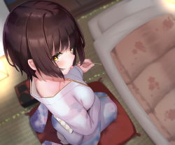 Rule 34 | 1girl, blurry, blurry background, blush, breasts, bright pupils, brown hair, depth of field, floral print, from above, futon, highres, japanese clothes, kimono, looking at viewer, medium breasts, mimikaki, original, reinama, seiza, short hair, sitting, solo, tatami, tongue, tongue out, white legwear, white pupils, yellow eyes