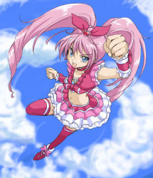 Rule 34 | 10s, 1girl, :d, arm up, blue eyes, bow, brooch, choker, clenched hand, cloud, crop top, cure melody, day, frilled skirt, frills, full body, hair bow, houjou hibiki, jewelry, long hair, looking at viewer, magical girl, open mouth, pink bow, pink footwear, pink hair, pink skirt, pink thighhighs, precure, shoes, skirt, sky, smile, solo, suite precure, thighhighs, twintails, uraki, wrist cuffs