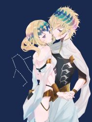 Rule 34 | 1boy, 1girl, armlet, artist request, ass, back, black shirt, blonde hair, blue background, blue eyes, bracer, breasts, brother and sister, castor (fate), closed mouth, constellation, diadem, fate/grand order, fate (series), gemini (constellation), highres, holding hands, light smile, looking at viewer, medium hair, pollux (fate), robe, shirt, short hair, siblings, simple background, small breasts, thighs, twins, white robe