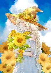 Rule 34 | animal ears, anna (k0130), bare shoulders, bird, bouquet, bow, braid, chick, closed eyes, closed mouth, cloud, commentary, dappled sunlight, day, dress, english commentary, facing ahead, floral background, flower, from side, grey dress, hat, hat flower, highres, holding, holding bouquet, holding flower, long hair, nature, original, profile, short sleeves, single braid, sky, smile, sundress, sunflower, sunlight, upper body, very long hair, white hair, witch hat, yellow bow, yellow flower, yellow theme