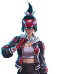 Rule 34 | 1girl, absurdres, blue eyes, eruthu, gloves, glowing, glowing eyes, green hair, half mask, highres, jacket, kiriko (overwatch), mask, overwatch, overwatch 2, red gloves, solo, topknot, white background