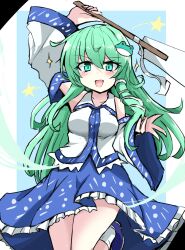 Rule 34 | 1girl, :d, blue footwear, blue sky, collared shirt, commentary request, detached sleeves, frilled skirt, frills, frog hair ornament, gohei, green eyes, green hair, hair ornament, highres, holding, holding gohei, kochiya sanae, long hair, long sleeves, mikazuki toto, oonusa, open mouth, shirt, shoes, sidelocks, skirt, sky, sleeveless, sleeveless shirt, smile, snake hair ornament, socks, solo, touhou, very long hair, white shirt, white sleeves, white socks, wide sleeves