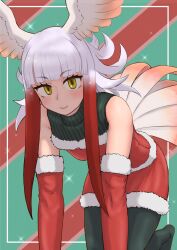 Rule 34 | 1girl, all fours, bare shoulders, bird girl, bird tail, bird wings, black pantyhose, blunt bangs, blush, elbow gloves, fur trim, gloves, green sweater, head wings, highres, japanese crested ibis (kemono friends), kemono friends, looking at viewer, multicolored hair, no shoes, obsession36, pantyhose, red gloves, red hair, red shirt, red skirt, santa costume, shirt, short hair, short hair with long locks, sidelocks, skirt, sleeveless, smile, solo, sweater, tail, turtleneck, turtleneck sweater, white fur, white hair, wings, yellow eyes