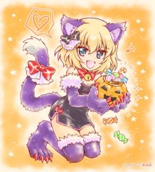 Rule 34 | 1girl, :d, animal ears, animal hands, artist logo, bare shoulders, bell, black bow, black bowtie, black dress, blonde hair, blue eyes, bob cut, boots, bow, bowtie, candy, commentary, dress, eighth note, elbow gloves, fang, food, full body, fur footwear, girls und panzer, gloves, hair bow, halloween, halloween bucket, halloween costume, heart, holding, holding candy, holding food, jingle bell, katyusha (girls und panzer), kneeling, kuromori yako, looking at viewer, musical note, neck bell, open mouth, orange background, paw gloves, paw shoes, purple footwear, red bow, red bowtie, short dress, short hair, smile, solo, spoken heart, star (symbol), strapless, strapless dress, tail, tail bow, tail ornament, thigh boots