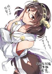 Rule 34 | 10s, 1girl, arched back, breasts, brown eyes, brown hair, brown thighhighs, cleavage, clipboard, cowboy shot, detached sleeves, glasses, hand on own cheek, hand on own face, headgear, hip vent, holding, jpeg artifacts, kantai collection, kirishima (kancolle), looking at viewer, neropaso, no legwear, nontraditional miko, pleated skirt, ribbon-trimmed sleeves, ribbon trim, semi-rimless eyewear, side slit, sideways glance, simple background, sketch, skirt, solo, thighhighs, translation request, under-rim eyewear, upper body, white background, zettai ryouiki