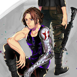 Rule 34 | 1boy, 2boys, amputee, animification, back-to-back, blue eyes, boots, brown hair, captain america: the winter soldier, captain america (series), captain america the winter soldier, cross-laced footwear, cyborg, dual persona, gun, james buchanan barnes, ken shirou (loco), lace-up boots, male focus, marvel, marvel cinematic universe, mask, mechanical arms, military, military uniform, mouth mask, multiple boys, multiple persona, prosthesis, prosthetic arm, single mechanical arm, sitting, standing, tank top, uniform, weapon, winter soldier