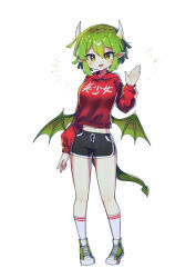 Rule 34 | 1girl, absurdres, alternate costume, black shorts, blush, breasts, brown eyes, draco centauros, dragon girl, dragon horns, dragon tail, dragon wings, fang, green hair, highres, hood, hoodie, horns, large breasts, long sleeves, looking at viewer, navel, offbeat, open mouth, pointy ears, puyopuyo, red hoodie, short hair, short shorts, shorts, simple background, smile, solo, tail, white background, wings