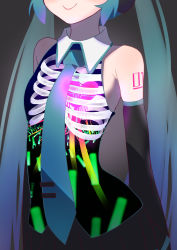 Rule 34 | 1girl, :&gt;, abstract, absurdres, arms at sides, bare shoulders, black background, black skirt, blue hair, blue necktie, cardiogram, commentary request, darkness, detached sleeves, flat chest, glowing, glowing heart, glowstick, gradient background, grey background, happy, hatsune miku, head out of frame, heart, heart on chest, heartbeat, highres, kinosuke (pattaba), long hair, necktie, number tattoo, pleated skirt, ribs, shirt, shoulder tattoo, simple background, skirt, sleeveless, sleeveless shirt, smile, solo, standing, tattoo, twintails, upper body, very long hair, vocaloid, x-ray