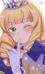 Rule 34 | 1girl, absurdres, bead necklace, beads, blonde hair, blue ribbon, blunt bangs, blush, closed mouth, commentary, dress, drill hair, finger to mouth, green eyes, hand up, heanna sumire, highres, index finger raised, jewelry, lips, long hair, looking at viewer, love live!, love live! superstar!!, necklace, nonfiction!! (love live!), one eye closed, portrait, pukonuu, purple dress, ribbon, signature, simple background, smile, solo, tiara, white background
