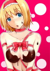 Rule 34 | 1girl, alice margatroid, bad id, bad pixiv id, between breasts, blonde hair, blush, breasts, chocolate, chocolate on body, chocolate on breasts, hairband, jajao, large breasts, looking at viewer, naked chocolate, naked ribbon, nude, ribbon, solo, touhou, upper body, valentine
