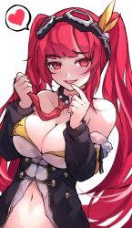 Rule 34 | 1girl, :d, bare shoulders, breasts, chiroru (cheese-roll), cleavage, commentary, goggles, goggles on head, hair ornament, heart, highres, large breasts, long hair, looking at viewer, mole, mole on breast, navel, necktie, open mouth, red hair, red necktie, shadowverse, skull hair ornament, smile, solo, spoken heart, tidal gunner (shadowverse), twintails, upper body
