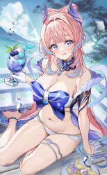 Rule 34 | 00nanona, 1girl, absurdres, alternate costume, bare shoulders, bikini, blue bow, bow, bow-shaped hair, breasts, cleavage, cup, day, detached collar, drinking glass, fins, genshin impact, gloves, gradient hair, head fins, highres, holding, holding cup, hurricane glass, long hair, looking at viewer, medium breasts, multicolored hair, navel, off shoulder, open mouth, outdoors, parfait, pink hair, purple eyes, sangonomiya kokomi, sitting, smile, solo, stomach, strapless, strapless bikini, string bikini, swimsuit, thighs, very long hair, vision (genshin impact), white bikini, white gloves, yokozuwari