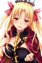 Rule 34 | 1girl, :d, black leotard, blonde hair, blush, bow, cape, ereshkigal (fate), fate/grand order, fate (series), gradient background, hair bow, leotard, long hair, looking at viewer, open mouth, parted bangs, purple bow, red eyes, shiny skin, skull, smile, solo, tapisuke, thighs, tohsaka rin, twintails, two side up