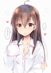 Rule 34 | ..., 1girl, :o, ahoge, blush, brown eyes, brown hair, collarbone, collared shirt, commentary request, dress shirt, grey background, hair between eyes, heart, highres, long hair, looking at viewer, maruma (maruma gic), original, oversized clothes, oversized shirt, parted lips, shirt, signature, simple background, solo, spoken ellipsis, translation request, upper body, white shirt
