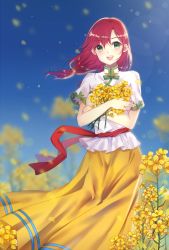 Rule 34 | 1girl, :d, bare arms, blue sky, blurry, blush, bow, breasts, chuuka ichiban!, day, feet out of frame, floating hair, flower, green bow, green eyes, highres, holding, holding flower, itsuki (yishu), long hair, long skirt, looking at viewer, low-tied long hair, low twintails, mei li, open mouth, outdoors, petals, red hair, sash, shirt, short sleeves, skirt, sky, smile, solo, standing, toggles, twintails, white shirt, wind, yellow flower, yellow skirt