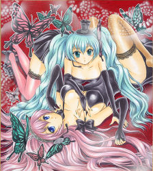 Rule 34 | 2girls, aqua eyes, aqua hair, aqua nails, bad id, bad pixiv id, blue eyes, breasts, bridal gauntlets, bug, butterfly, butterfly wings, cleavage, dress, elbow gloves, fingerless gloves, gloves, hat, hatsune miku, headphones, headset, insect, insect wings, lace, lace-trimmed legwear, lace trim, large breasts, long hair, lying, magnet (vocaloid), megurine luka, mini hat, mini top hat, multiple girls, nail polish, pemoko, pink hair, thighhighs, top hat, traditional media, vocaloid, wings, yuri