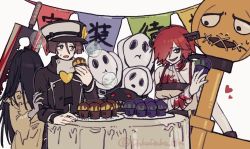 Rule 34 | 1boy, 2girls, a.b.a, food, ghost, guilty gear, halloween, highres, key, key in head, ko jira, muffin, multiple girls, object through head, paracelsus (guilty gear), party, red hair, s-ko, stitched mouth, stitches, zappa