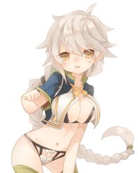 Rule 34 | 10s, 1girl, blush, bra, braid, breasts, brown eyes, cleavage, cowboy shot, crop top, cupless bra, highres, jitome, kantai collection, long hair, looking at viewer, navel, no pants, open mouth, orqz, panties, parted lips, silver hair, simple background, single braid, smile, solo, thighhighs, underwear, unryuu (kancolle), very long hair, white background