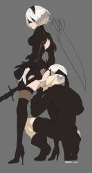 Rule 34 | 1boy, 1girl, 2b (nier:automata), 9s (nier:automata), anilingus, artist name, ass, backless dress, backless outfit, bad id, bad tumblr id, blindfold, boots, breasts, brekkist, clothing aside, commentary, cunnilingus, dress, face in ass, gloves, hairband, has bad revision, high heel boots, high heels, highres, holding, holding sword, holding weapon, leotard, leotard aside, mole, mole under mouth, nier:automata, nier (series), oral, pussy juice, skindentation, squatting, standing, standing anilingus, standing cunnilingus, sword, thigh boots, thighhighs, thighs, weapon, white hair