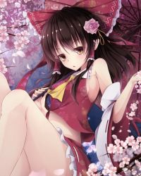 Rule 34 | 1girl, :o, ascot, bad id, bad twitter id, bare shoulders, bow, breasts, brown eyes, brown hair, cherry blossoms, crop top, crop top overhang, detached sleeves, flower, hair bow, hair flower, hair ornament, hair tubes, hakurei reimu, japanese clothes, knees up, long hair, looking at viewer, midriff, miko, oil-paper umbrella, sideboob, sidelocks, skirt, skirt set, small breasts, solo, touhou, toyosaki shu, umbrella, wide sleeves