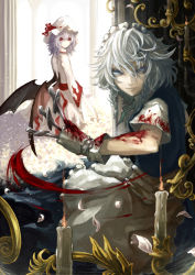 Rule 34 | 2girls, adapted costume, apron, backlighting, bat wings, between fingers, blood, blood on clothes, blood on hands, blue eyes, braid, candlestand, dress, fujinohara akihira, gloves, grey eyes, holding, izayoi sakuya, knife, long sleeves, looking at viewer, looking back, maid, maid apron, maid headdress, multiple girls, petals, pillar, purple hair, red eyes, remilia scarlet, shirt, short sleeves, silver hair, smile, touhou, twin braids, waist apron, white dress, white gloves, wide sleeves, wings