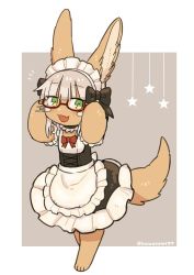 Rule 34 | 1other, :3, :d, adjusting eyewear, alternate costume, ambiguous gender, animal ear fluff, animal ears, apron, bad id, bad twitter id, bespectacled, black bow, body fur, bow, bowtie, choker, commentary, enmaided, fang, frilled apron, frilled choker, frills, full body, furry, glasses, green eyes, hair bow, kawasemi27, looking at viewer, made in abyss, maid, maid headdress, nanachi (made in abyss), open mouth, red-framed eyewear, red bow, red bowtie, red eyes, semi-rimless eyewear, short sleeves, simple background, skin fang, smile, solo, star (symbol), symbol-only commentary, tail, twitter username, under-rim eyewear, waist apron, white hair