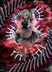 Rule 34 | 1girl, absurdres, apron, bad id, bad pixiv id, black dress, black footwear, black sleeves, bow, braid, closed mouth, dress, frills, green bow, green neckwear, hair bow, highres, holding, holding knife, holding weapon, huge filesize, izayoi sakuya, knife, looking to the side, maid apron, maid headdress, nanamiyuki, puffy short sleeves, puffy sleeves, red eyes, short hair, short sleeves, silver hair, socks, solo, touhou, twin braids, waist apron, weapon, white bow, white frills, white socks, wrist cuffs